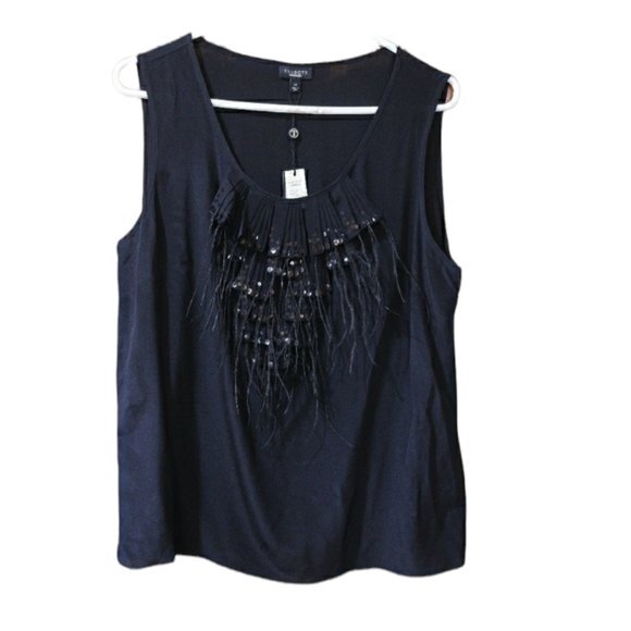 Talbots Feather & Sequin Black Tank Top 14 100% silk - Picture 1 of 7